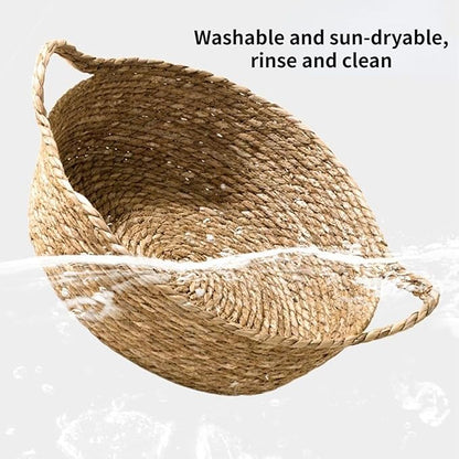 Cat Bed, Straw Woven Cat Baskets Bed, Round Wicker Cat Basket Nest, Non-Slip Cozy Kitten Bed for Cats Small Dog (with Cushion,Medium)