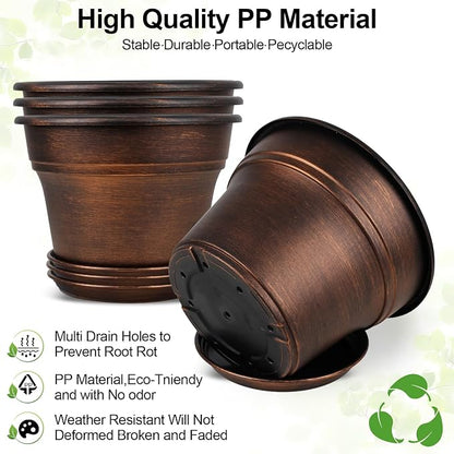 Plant Planters Pots Set of 4 Pack 13 Inch，Large Plastic Flower Pot For Indoor Plants With Drainage Holes & Trays, Resin Decorative Container Sets With Saucer For House Outdoor Garden Plant Copper
