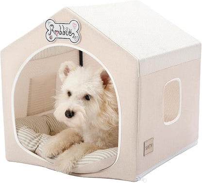 Indoor Dog House with Frame,Cute Dog Tent Bed with Cover Cave,Beige | Breathable,Washable,and Foldable House, Suitable for 8-16 Lb Puppy and Cats, Medium (17"×17"×17"),Inside Dog House