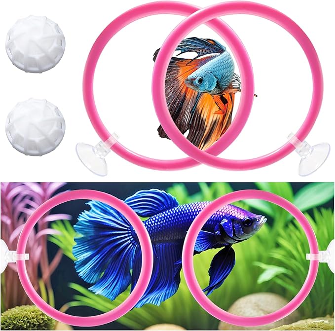 Betta Fish Toys - 4 Training Rings & 2 Bio Filter Balls, Beta Exercise Loop Toys and Nitrifying Balls Set, Betta Fish Tank Accessories Feeding Ring for Small Tank Decor Aquarium Water Conditioner