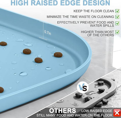 SMILOOL Waterproof Silicone Pet Food Mat with Raised Edge for Dog & Cat | 12" x 12" Non-Slip Small Pet Feeding Mats with Lip for Food & Water Bowl, Food Grade, Easy Cleaning, Light Blue