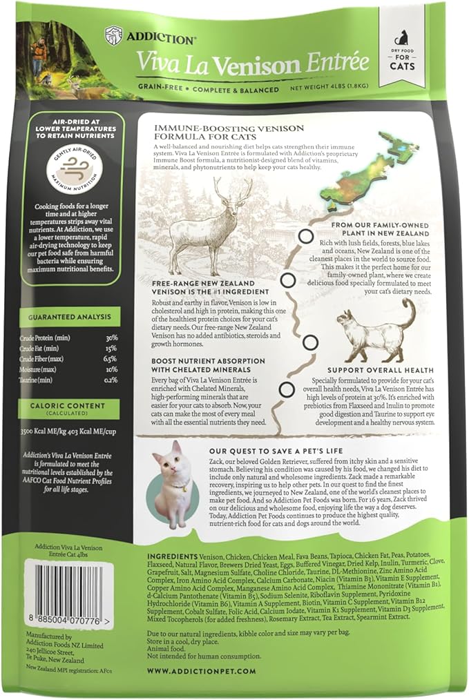 Addiction Viva Venison Grain-Free Dry Cat Food - High Protein, Natural & Hypoallergenic for Sensitive Stomach, Limited Ingredient for Allergy & Weight Management - 4lbs