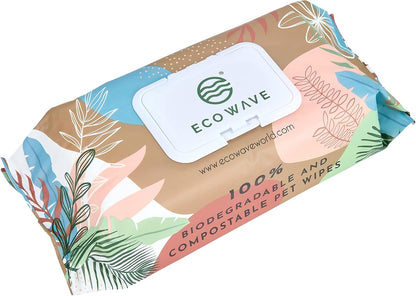 Eco Wave Hypoallergenic Plant-Based Pet Wipes, Dog and Cat Grooming Wipes for Face, Ears, Body, Butt, and Paws, Fragrance Free, Compostable, 100 Count