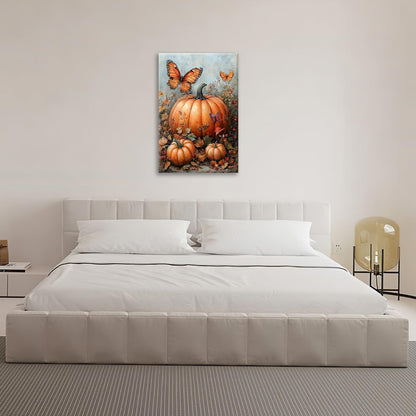 Fall Pumpkin Pictures Wall Art, Rustic Thanksgiving Bathroom Wall Decor, Farmhouse Autumn Butterfly Framed Painting Canvas Artwork for Harvest Gift Bedroom Living Room Decorations 24"L x 16"W