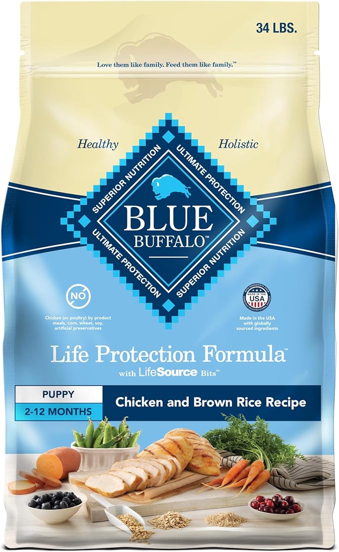 Blue Buffalo Life Protection Formula Puppy Dry Dog Food with DHA and ARA, Made with Natural Ingredients, Chicken & Brown Rice Recipe, 34-lb Bag