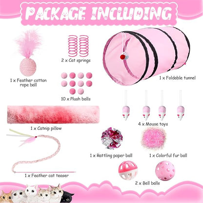 24 Pcs Cat Toys Set Interactive Kitten Toys Pack Including Collapsible Play Tunnel Feather Teaser Wand Fuzzy Ball Springs Pillow Mouse Bells for Indoor Cats Puppy (Pink)