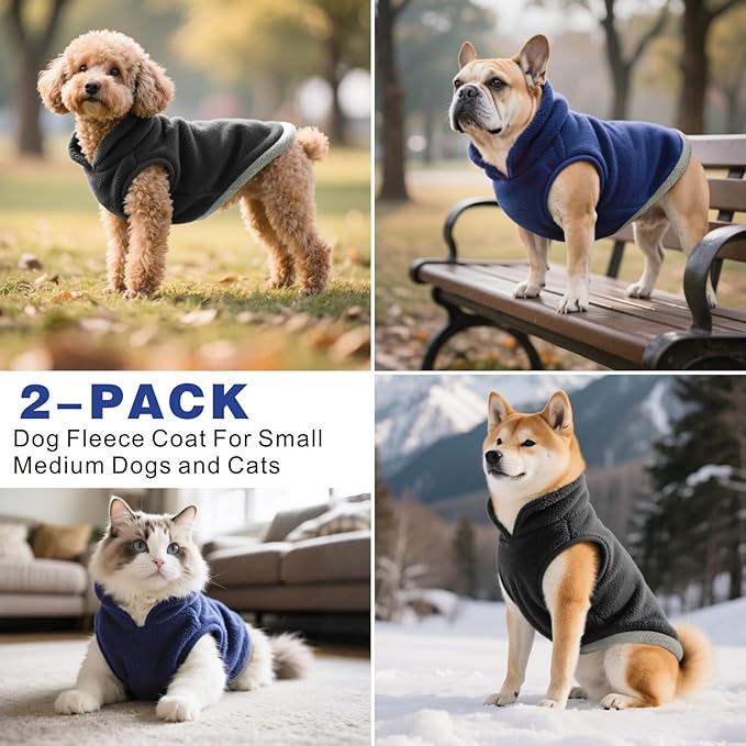 Idepet 2 Pack Dog Fleece Vest Sweater Warm Pullover Jacket with D-Ring Leash Reflective Winter Coat Hoodie for Puppy Cat French Bulldog Pug Chihuahuas Yorkies Dachshunds(Black&Blue,Small)