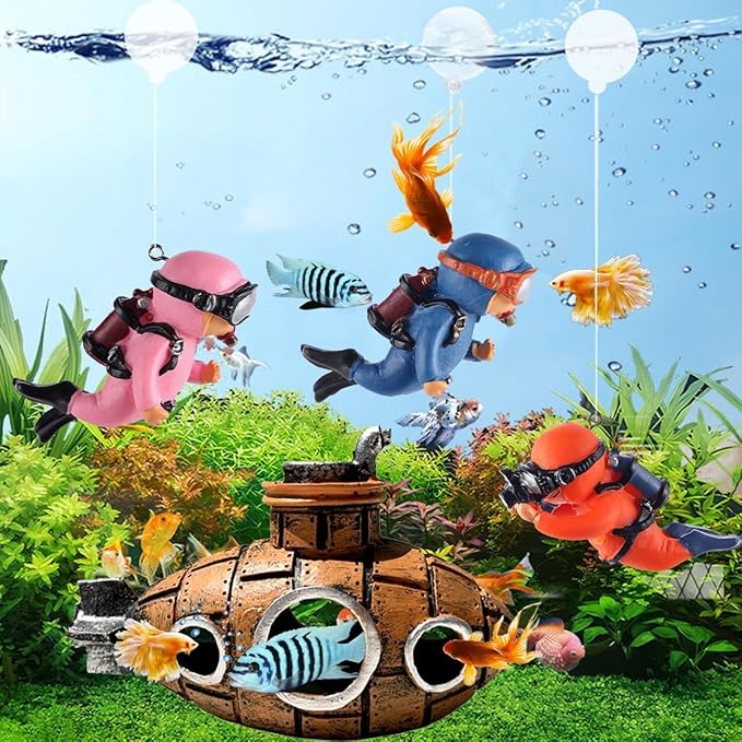 2-Pack Tank Decorations, Cute Little Diver, Aquarium Decoration Accessories Ornaments with Float Ball, Playmate for Tank Suitable for All Kinds of Fish and Tanks (Black)