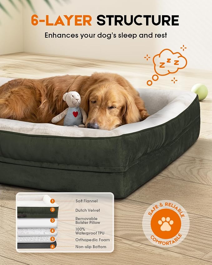 Upvilla Orthopedic Dog Bed XXL, Four-Sided Dog Sofa, Washable Cover, Green | Removable Waterproof Dog Bed Cover, Egg-Crate Orthopedic Foam, Built-In Carry Handle, Indoor Large Pet Beds, Cat Beds