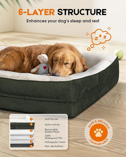 Upvilla Orthopedic Dog Bed XXL, Four-Sided Dog Sofa, Washable Cover, Green | Removable Waterproof Dog Bed Cover, Egg-Crate Orthopedic Foam, Built-In Carry Handle, Indoor Large Pet Beds, Cat Beds