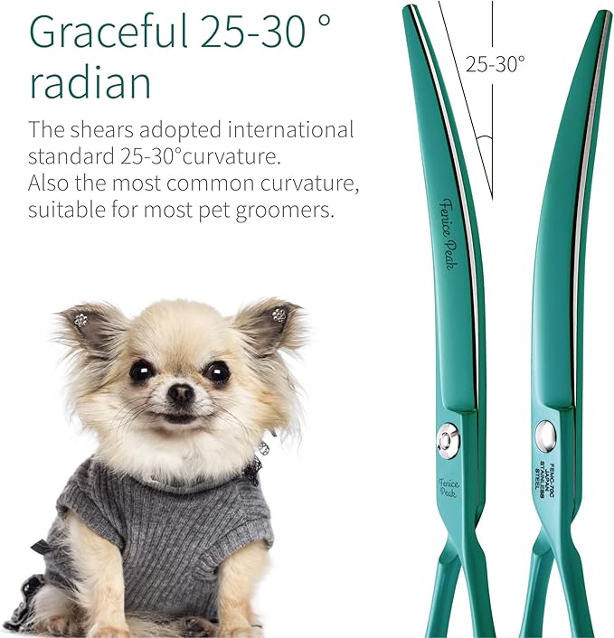 Fenice Peak Curved Dog Grooming Scissors with Green Color Coating 440C Stainless Steel Pet Grooming Bending Shears Sharp and Durable Comfortable Engonomic Handle