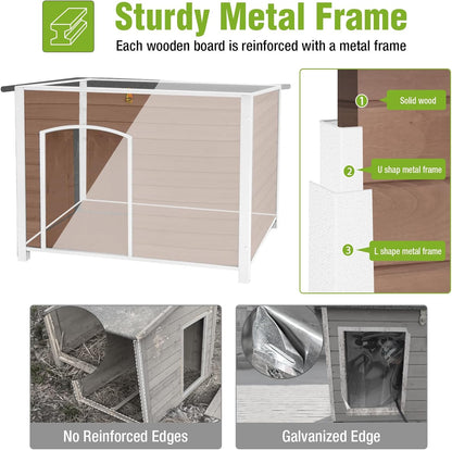 GUTINNEEN Dog House Outdoor Weatherproof with Anti-bite Metal Frame Large Indoor Wooden Dog Kennel for Medium to Large Dogs, 43.3" L × 29.4" W × 33.4" H