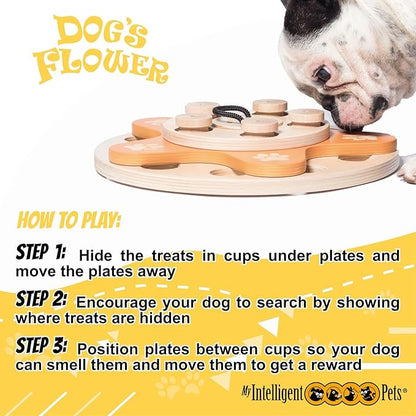 Dog's Flower - Interactive Wooden Puzzle Toy for Dogs, Brain Game for Mental Stimulation and Enrichment, All-Wood Design for Smart Dogs