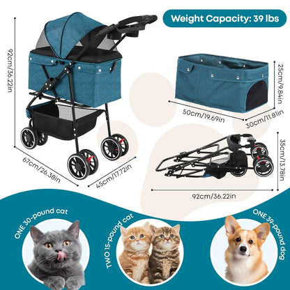 Pet Stroller,Dog Stroller for Small Medium Dogs Cats,3 Wheels,Foldable,with Breathable Mesh Canopy,Cup Holders,Easy Assembly,Green