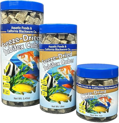 Aquatic Foods Inc. Tubifex Worms, Freeze Dried Tubifex Worm Cubes for Cichlids, Discus, Bettas, Marine Fish, Goldfish, All Tropical Fish, 4-Type Wafer Mix & 12-Type Pellet Mix Included..1oz Canister