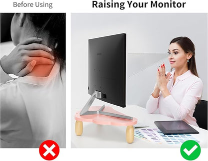 AFOOYO Monitor Stand Riser,Cloud-Shaped Sturdy Wood Computer Monitor Riser Wirh Drawer, Monitor Stand Riser, Multi-Purpose Desktop Organizer Riser for Computer,Laptop,Printer,TV,Pink