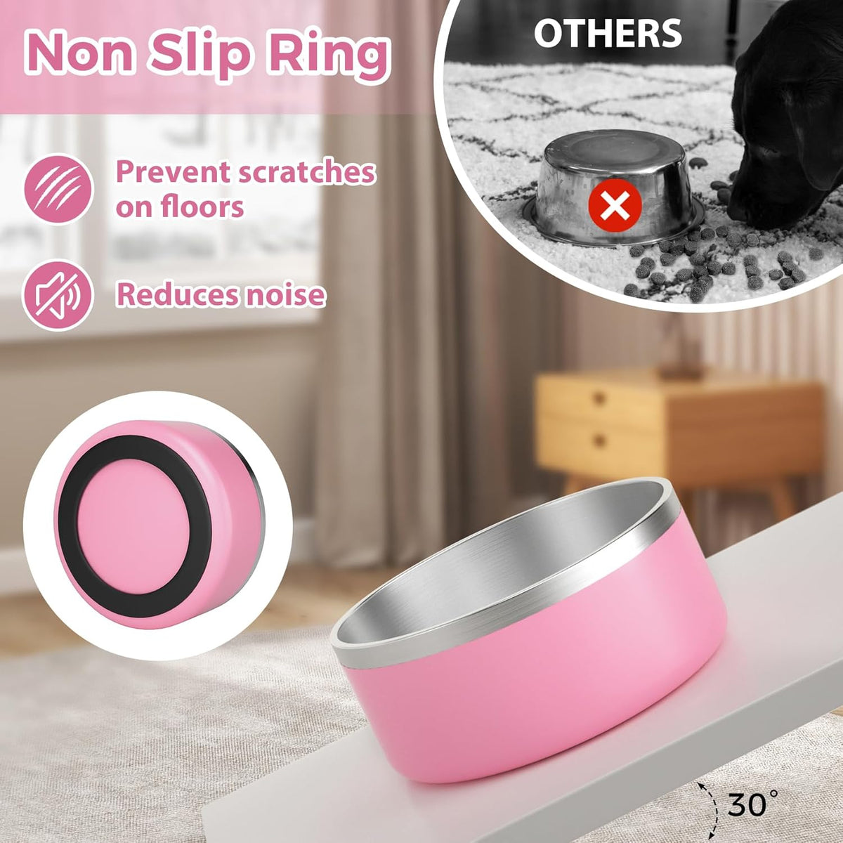 Stainless Steel Dog Bowls for Large Dogs - Insulated, Non Slip, Easy Clean, 40oz, Pink