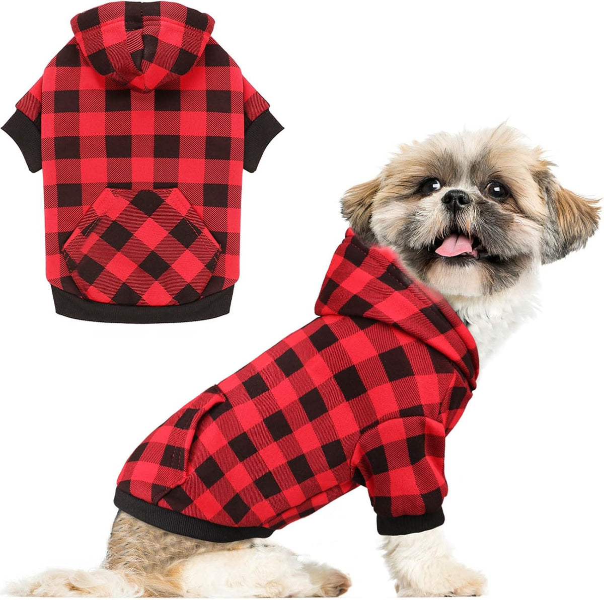 Dog Sweater Red Buffalo Plaid Pet Clothes Warm and Soft Breathable Cozy Small Pet Hoodies Dog Sweaters for Small Dogs with Pocket(XS)