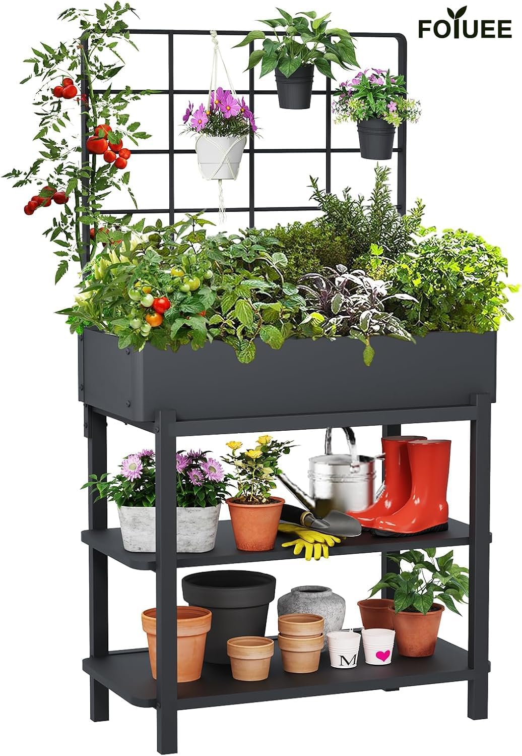 Metal Raised Garden Bed with Trellis, Elevated Planter Box with Legs for Outdoor Patio, Iron Standing Garden Box for Vegetables, Herbs, Flowers, Climbing Plants