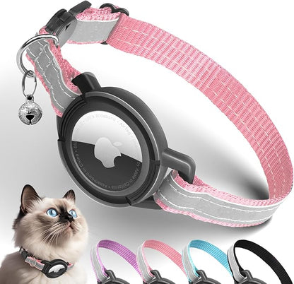 Airtag Cat Collar Breakaway, Odokele Reflective Cats Collars with Apple Air Tag Holder for Kitten, Cat GPS Tracker Adjustable Collars with Safety Quick Release Buckle for Kitties and Puppies - Pink