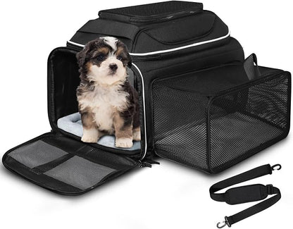 Petskd Top and Side Expandable Pet Carrier 18x11x11 Inches Delta United Airline Approved, Soft-Sided Carrier for Small Cats and Dogs with Locking Safety Zippers and Anti-Scratch Mesh(Black)