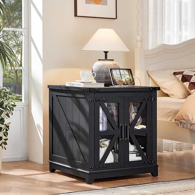 Farmhouse Coffee Table Sets 2 Pieces, Large End Side Tables with Charging Station and Coffee Table with Hidden Storage Compartment, Black Living Room Table Set, Wood Furniture Sets for Home Office
