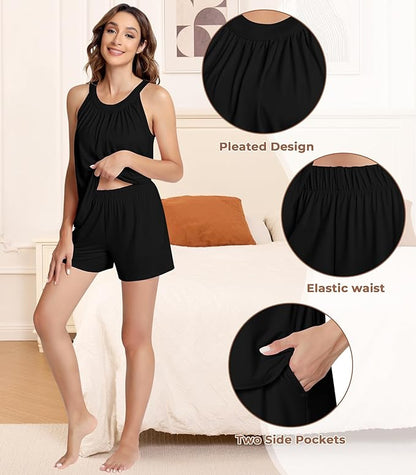 NACHILA Pajamas for Women-Viscose from Bamboo, Ribbed Racerback Tank Top Sexy Split Shorts Pajama Sets Cooling Sleep Cami Pjs