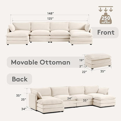ROWHY 148'' Sectional Cloud Couch with 2 Ottomans, Oversized 4 Seat Sleeper Sofa with 2 Throw Pillows, Convertible Upholstered U Shaped Cozy Sofa Furniture Set for Living Room and Office, Beige