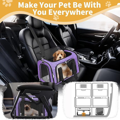 Soft-Sided Cat/Dog/Pet Carrier, Collapsible Pets Travel Carriers for Big Cats/Small Dogs with Shoulder Strap & Removable Mat, Mesh Puppy Carry Bag, Up to 25 Lbs(Purple)