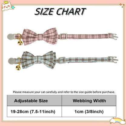2 Pack Soft Cotton Cat Collars with Bowtie and Bell Breakaway Plaid Cat Kitten Collar(Pink and Jade Green)