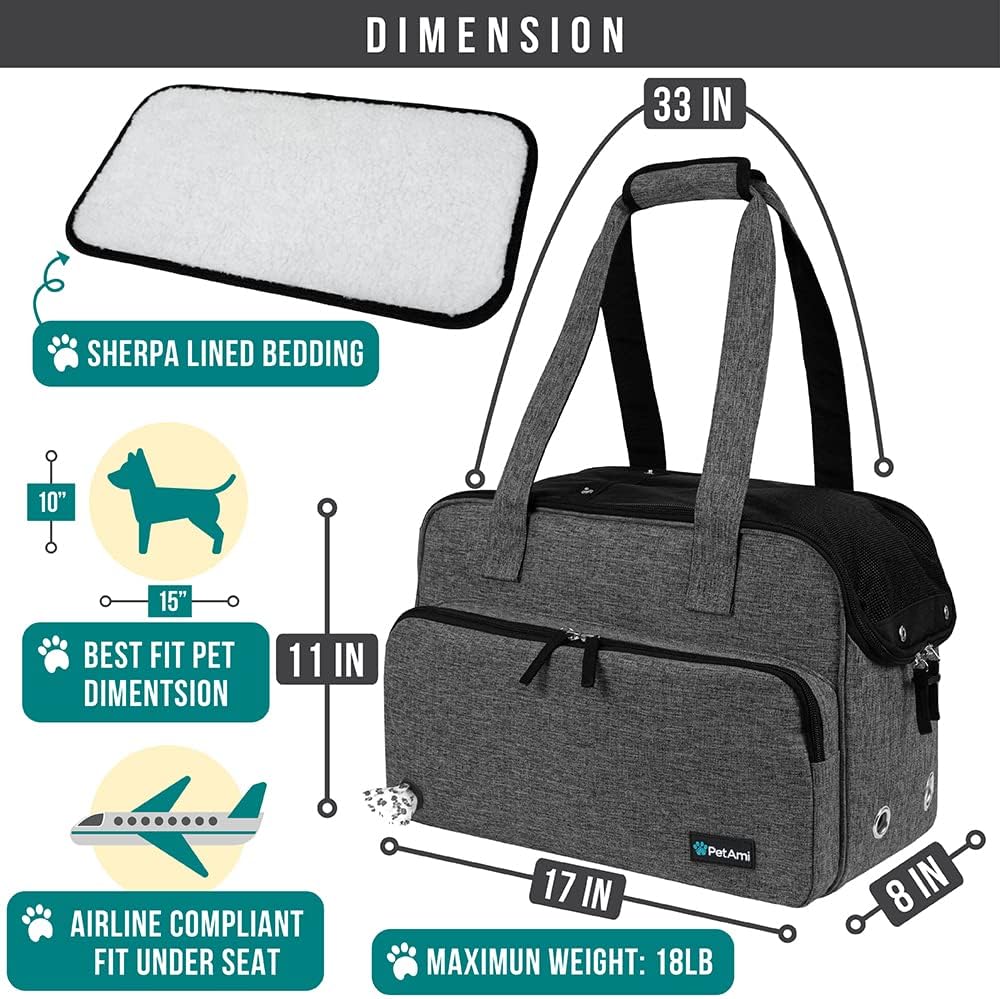 PetAmi Small Dog Purse Carrier, Soft-Sided Pet Carrier Bag with Pockets, Portable Puppy Cat Travel Handbag Tote, Airline Approved Breathable Mesh, Poop Bag Dispenser, Sherpa Bed, Max 18 lbs, Dark Gray