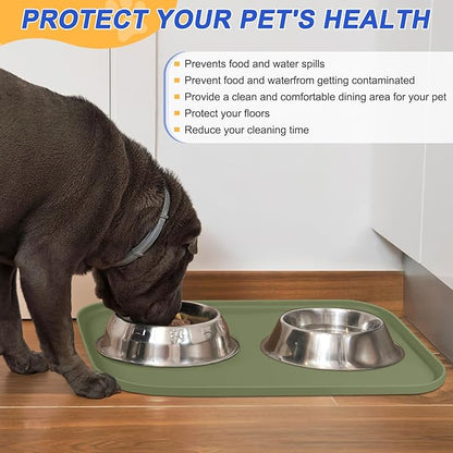 SMILOOL Waterproof Silicone Pet Food Mat with Raised Edge for Dog & Cat | 24" x 16" Non-Slip Pet Feeding Mats with Lip for Food & Water Bowl, Food Grade, Easy Cleaning, Light Olive Green