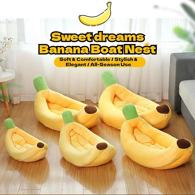 Banana Pet Bed for Small Dogs and Cats, Cozy Enclosed Calming Cave Bed with Removable Plush Cushion for Indoor Kittens Puppies Small Pets (Banana Bed + Mat + Bone Toy, X-Large)