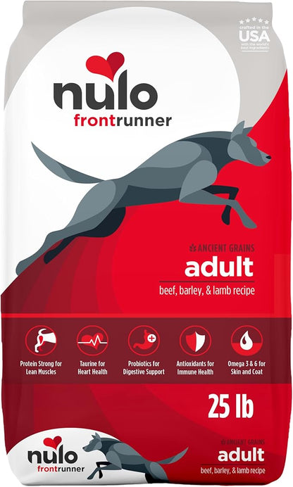 Nulo Frontrunner Ancient Grains High-Protein Dog Food, Beef, Barley, & Lamb Recipe- Natural Dry Dog Food with Probiotics, Grain-Inclusive Kibble for Adult Dogs, 25 lb Bag