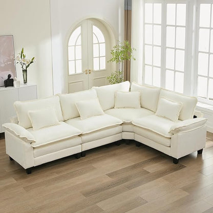 URRED Cloud Couch Modular Sectional Sofa, 116" Modern L Shaped Deep Seat Sofa with Pillows, Ultra Comfy Chenille Corner Couches for Living Room, Bedroom or Apartment, White