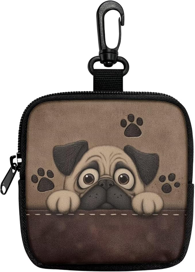 KEIAHUAN Pug Dog Treat Bags Training Pouch Small Dog Treat Pouch for Pet Walking and Training Reusable Pet Treat Container with Clasp for Traveling or Outdoor, Coin Pouch Small, Brown