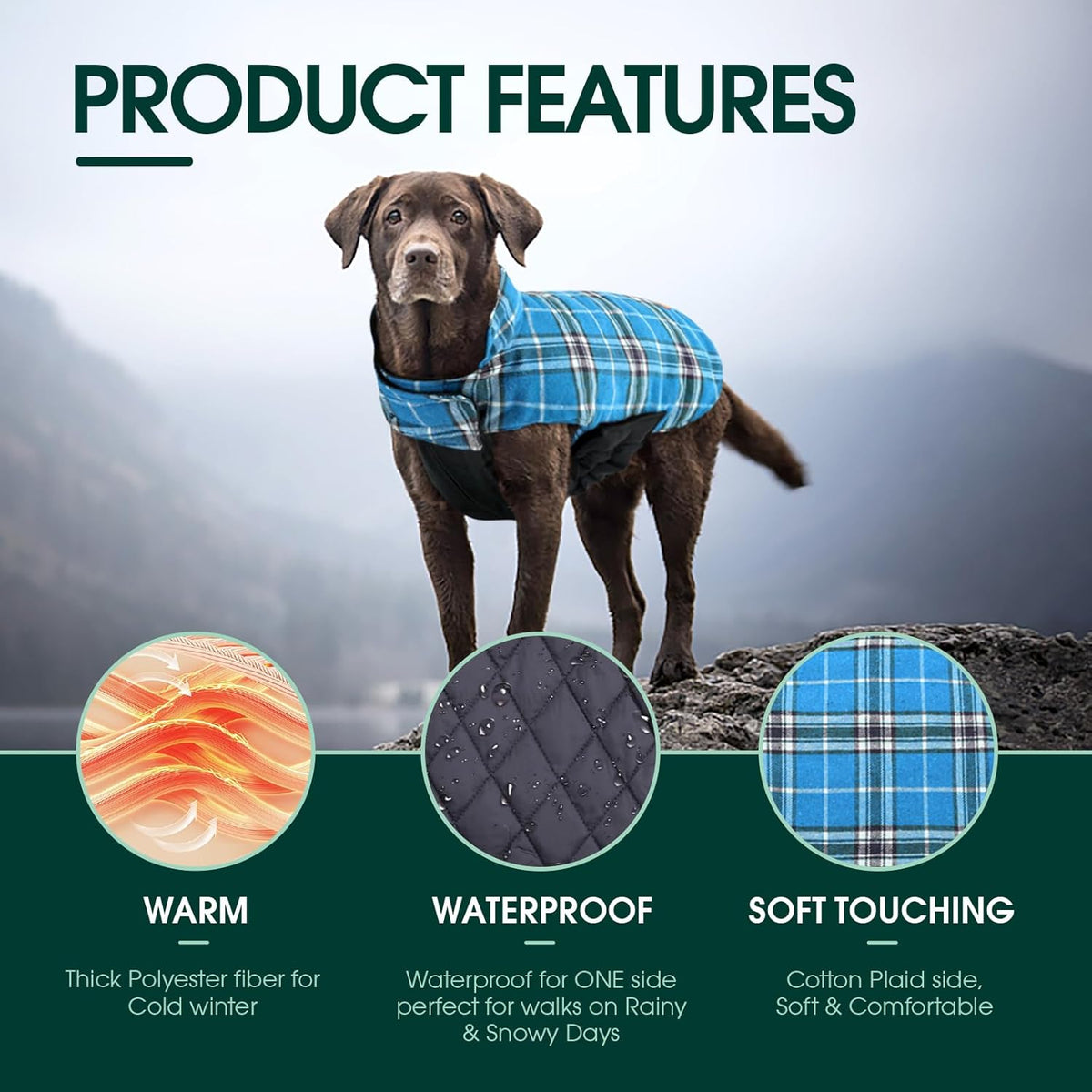 Kuoser Waterproof Dog Coat, Reversible Dog Jacket for Small Dogs, Adjustable Durable Doggie Winter Coat Warm Cozy Puppy Cold Weather Apparel from Small to Large Breed, Blue S