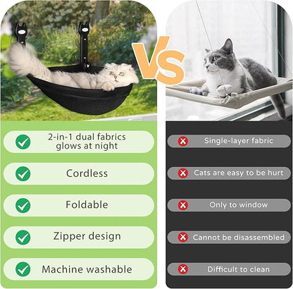 Cat Window Perch, Foldable Cat Hammock with Sunken Design, Breathable Cordless Window Bed with Stud Metal Frame for Large Cats and Kitten (Black Deep Perch, Medium)
