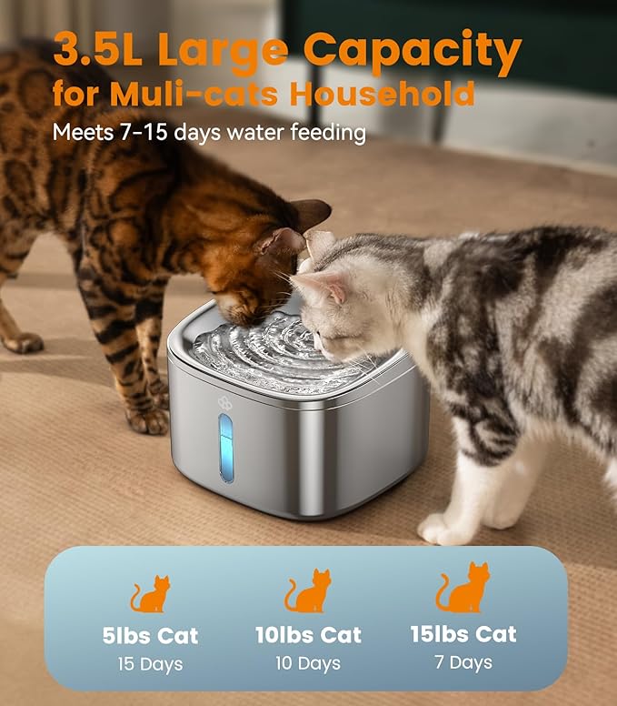 oneisall Stainless Steel Cat Water Fountain, 3.5L/118fl oz Automatic Pet Drinking Fountains for Cats Indoor, Quiet Running Cat Waterer Fountains(PW03 Cat Fountain +3 Sets Filters)