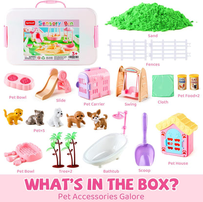 21 PCS Pet Sensory Bin, Dog & Cat Sandbox with Sand & Box, Play Sand Art Toys Kit, Pet Care Play Set, Beach Toys for Kids Ages 4-8, Birthday Gift Girls Boys 3 4 5 6 7 Years Old
