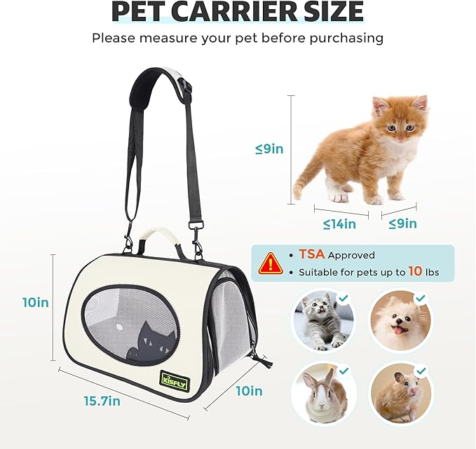 Cat Carrier Purses for Women, Airline Approved Pet Travel Bag for Cats, Kittens, Rabbits up to 10 lbs - Collapsible, Soft-Sided,16x10x10 in, Breathable Mesh with Kitty Pattern, Collar and Leash, Cream