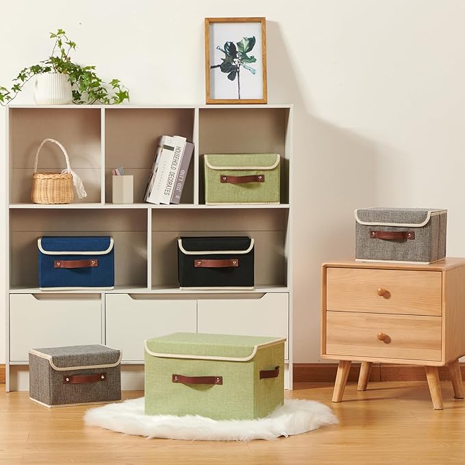 Storage Boxes with Lid Cotton Linen Fabric Storage Bins Organizer Container Decorative Collapsible Washable Shelf Baskets Faux Leather Handles for Home Bedroom Closet (Gray, Small Size)