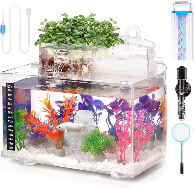 Betta Fish Tank Kit, 2.5 Gallon Aquarium Self-Cleaning with LED Light, Filter, Heater, Decorations and Accessories - Ideal for Hydroponic Growing System and Aquaponics