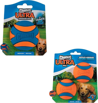 Chuckit! Ultra & Squeaker Ball Dog Toy - Medium Bouncy Fetch Balls for Dogs 20-60 lbs - Made from Durable Rubber - Floating Water Pet Toys - Size Medium - 2.5-inch Diameter - Pack of 3