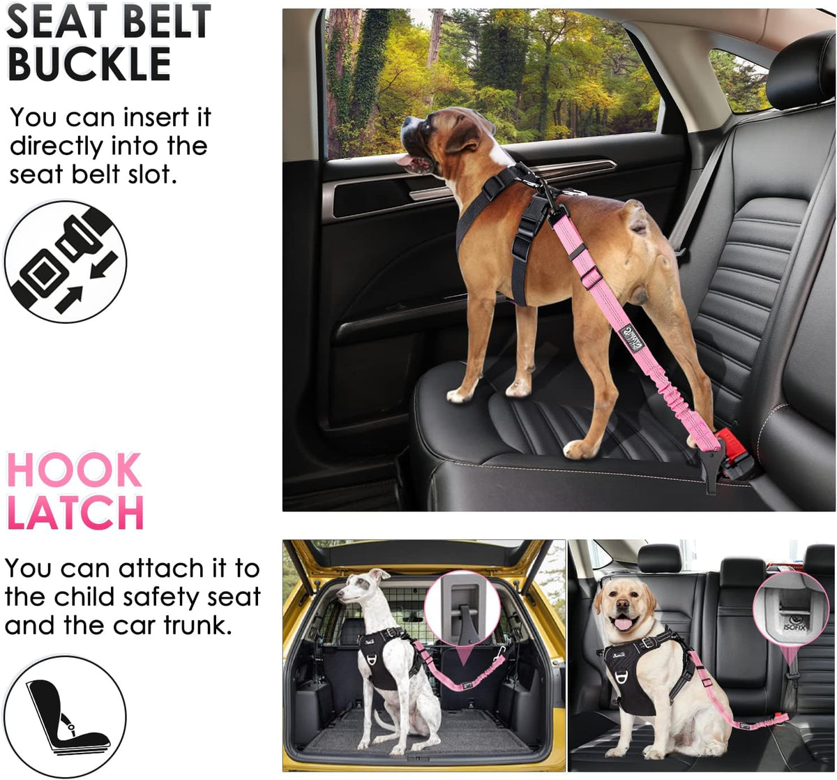 SlowTon Dog Seat Belt, Adjustable Dog Safety Belt Leash, 2 in 1 Latch Bar Attachment Dog Car Seatbelt with Elastic Nylon Bungee Buffer, Reflective Nylon Belt Tether(Pink,35.5in)