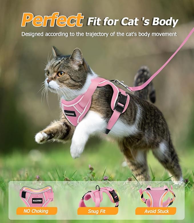 Halypet Cat Harness and Leash Set [MAX Safety 4th-Gen Upgrade] Escape Proof Adjustable Cat Leash Comfortable Soft Vest Easy to Wear Kitten Harness with Reflective Strip for Cats Walking, XS Pink