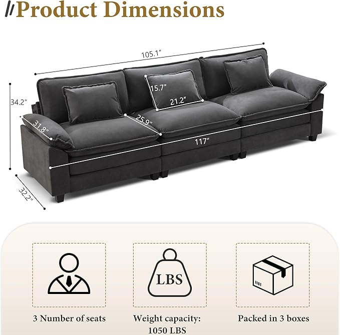 URRED Modular Sectional Sofa Comfy Cloud Couch, Modern Velvet Sofa Sleeper Deep Seat Couches with Ottoman/Pillows for Living Room (Dark Gray, 117'')