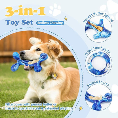 3Pack Dog Toys for Aggressive Chewers Dog Chew Toy Tough Dog Toys to Keep Them Busy Bacon Flavor Teething Chew Toys & Dental Health for Large Medium Small Breeds (Blue)