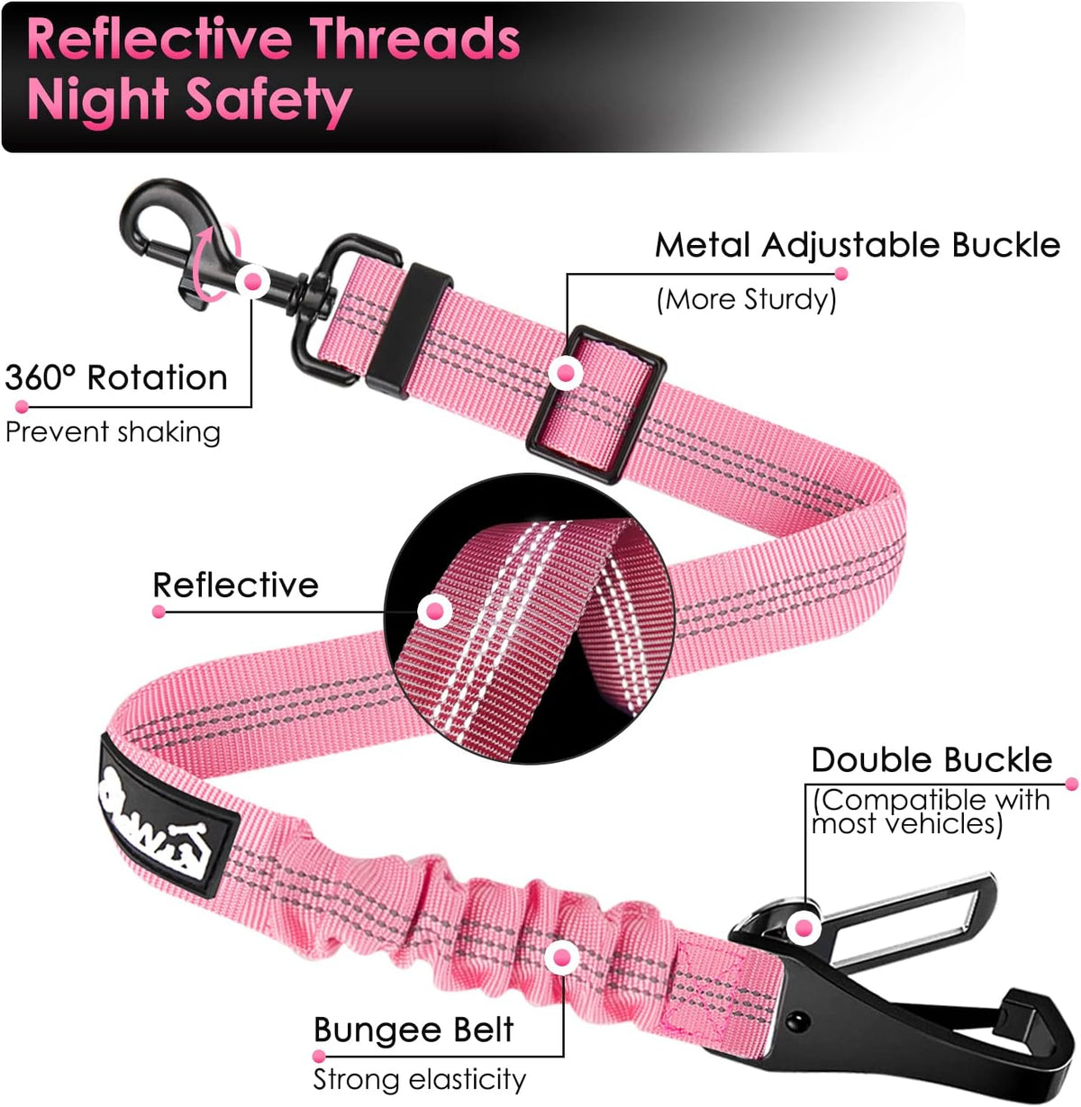 SlowTon Dog Seat Belt, Adjustable Dog Safety Belt Leash, 2 in 1 Latch Bar Attachment Dog Car Seatbelt with Elastic Nylon Bungee Buffer, Reflective Nylon Belt Tether(Pink,35.5in)