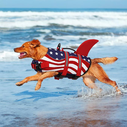 Shark Dog Life Vest for Swimming, Pet Life Vests for Boating, High Buoyant DogLife Jacket, Ripstop High Flotation Swimsui for Small, Medium, Large Dogs (USA Flag,XL)